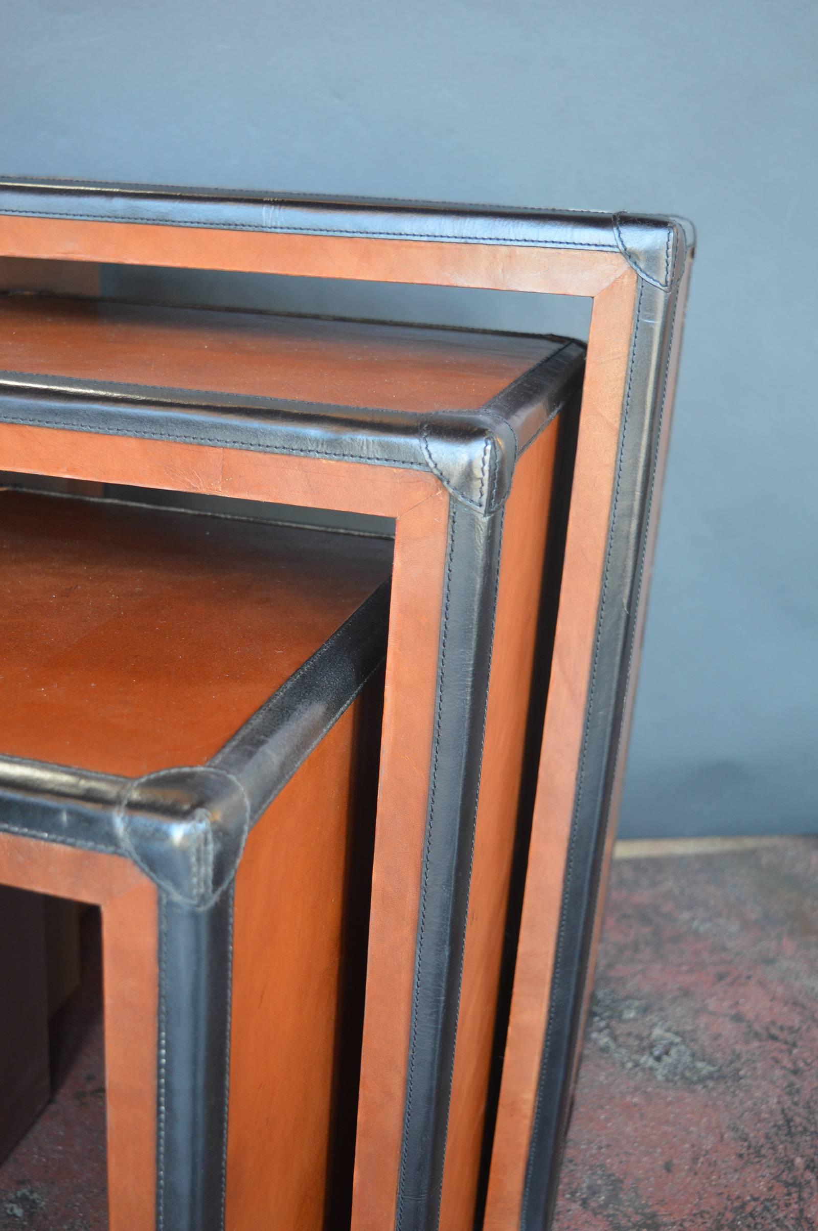 20th Century Brown and Black Leather Nesting Tables