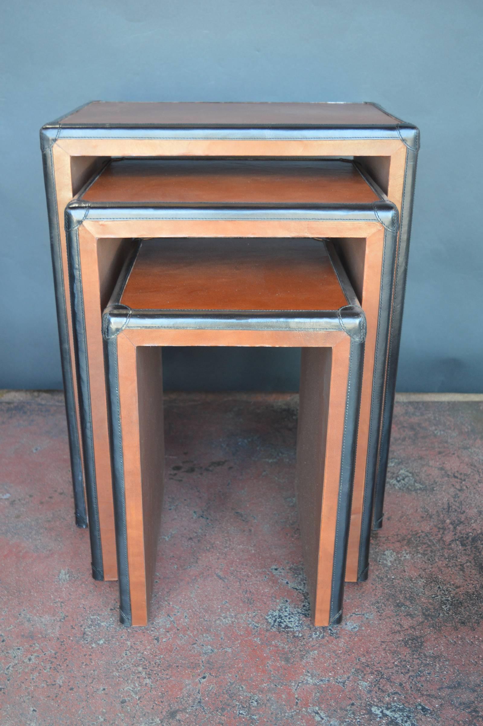 Italian Brown and Black Leather Nesting Tables