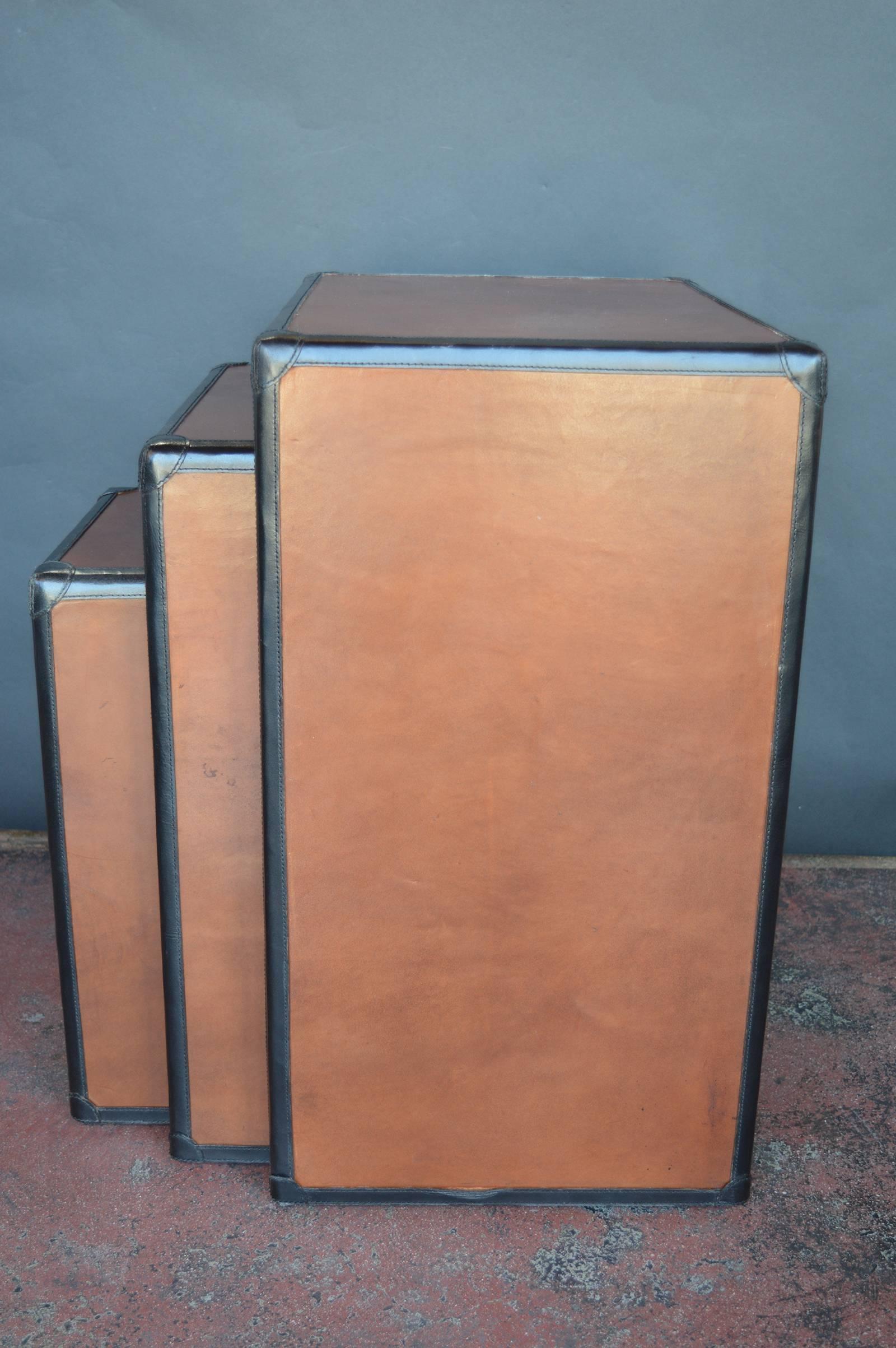 Brown and Black Leather Nesting Tables 1
