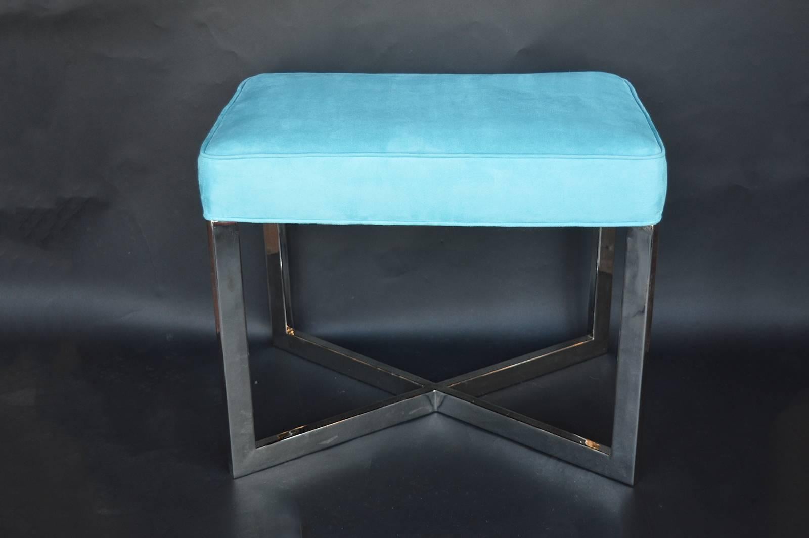 Pair of blue suede and nickel-plated stools.