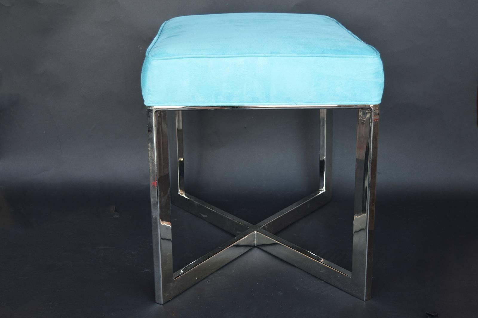American Pair of Blue Suede and Nickel-Plated Stools