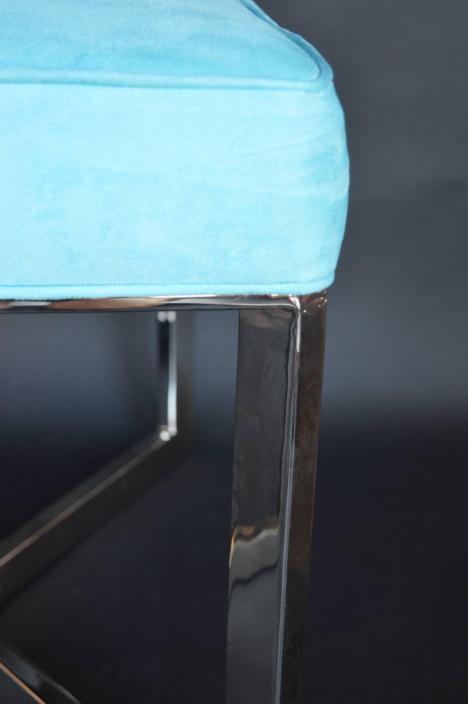 Pair of Blue Suede and Nickel-Plated Stools In Excellent Condition In Los Angeles, CA