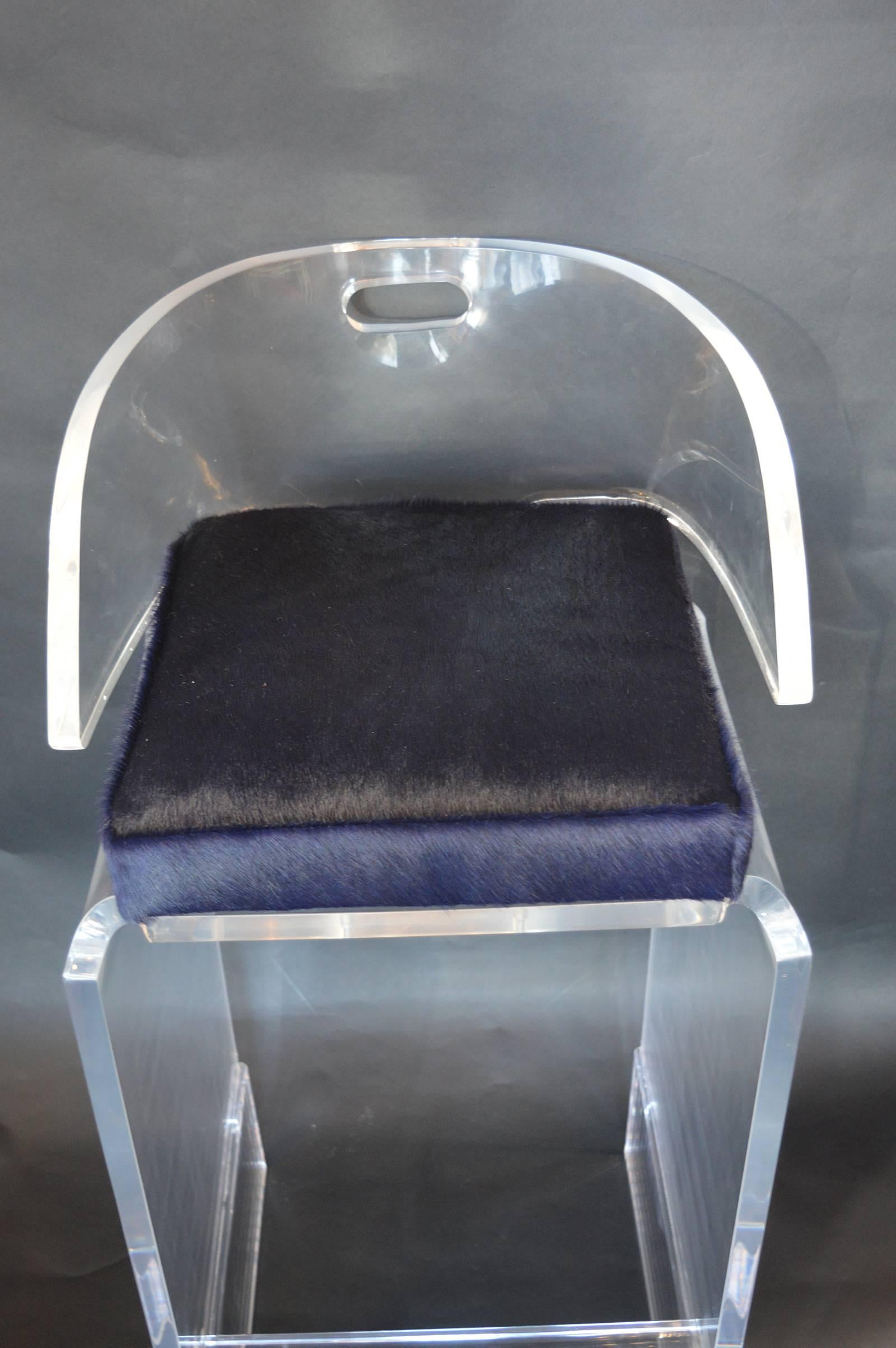 Pair of Lucite Bar Stools with Blue Cowhide Seats 2