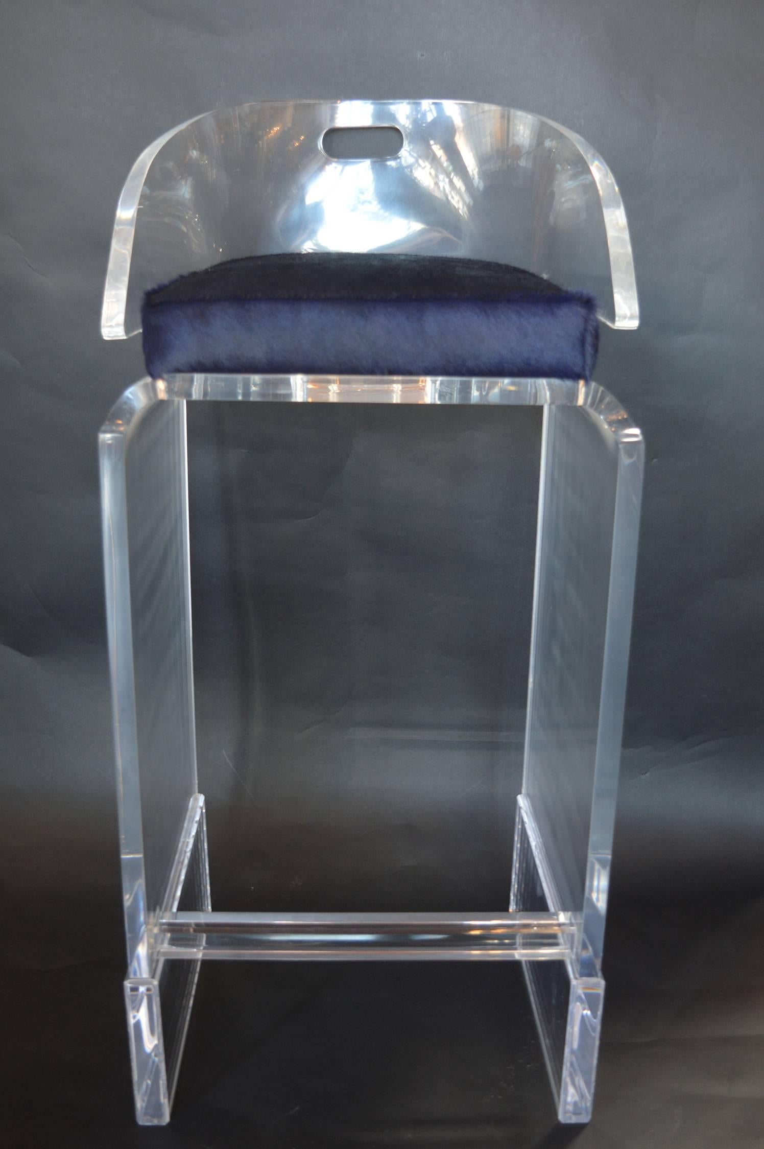 Pair of Lucite Bar Stools with Blue Cowhide Seats In Excellent Condition In Los Angeles, CA