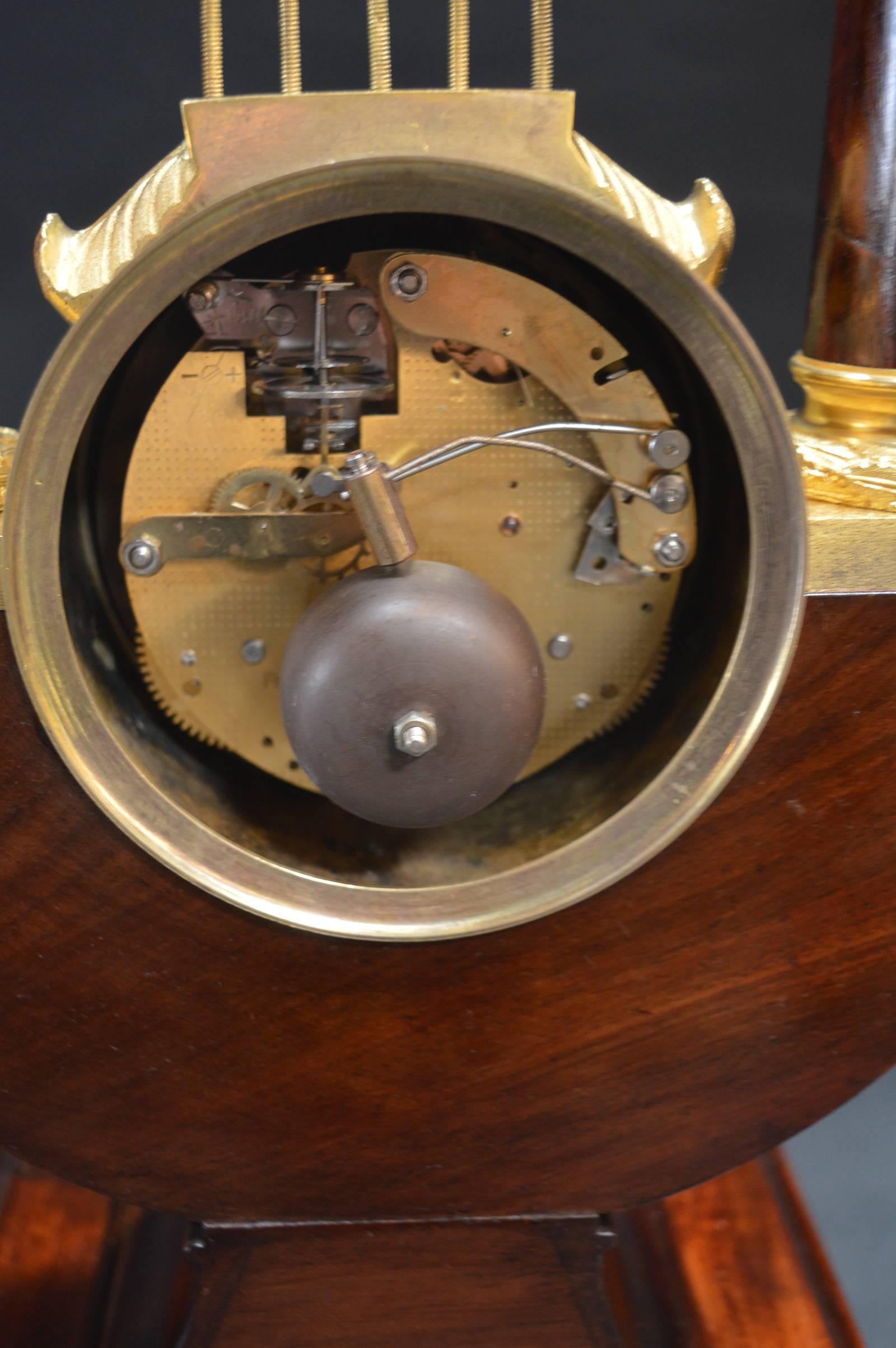 Empire Mahogany Clock with Gilded Ormolu In Excellent Condition For Sale In Los Angeles, CA