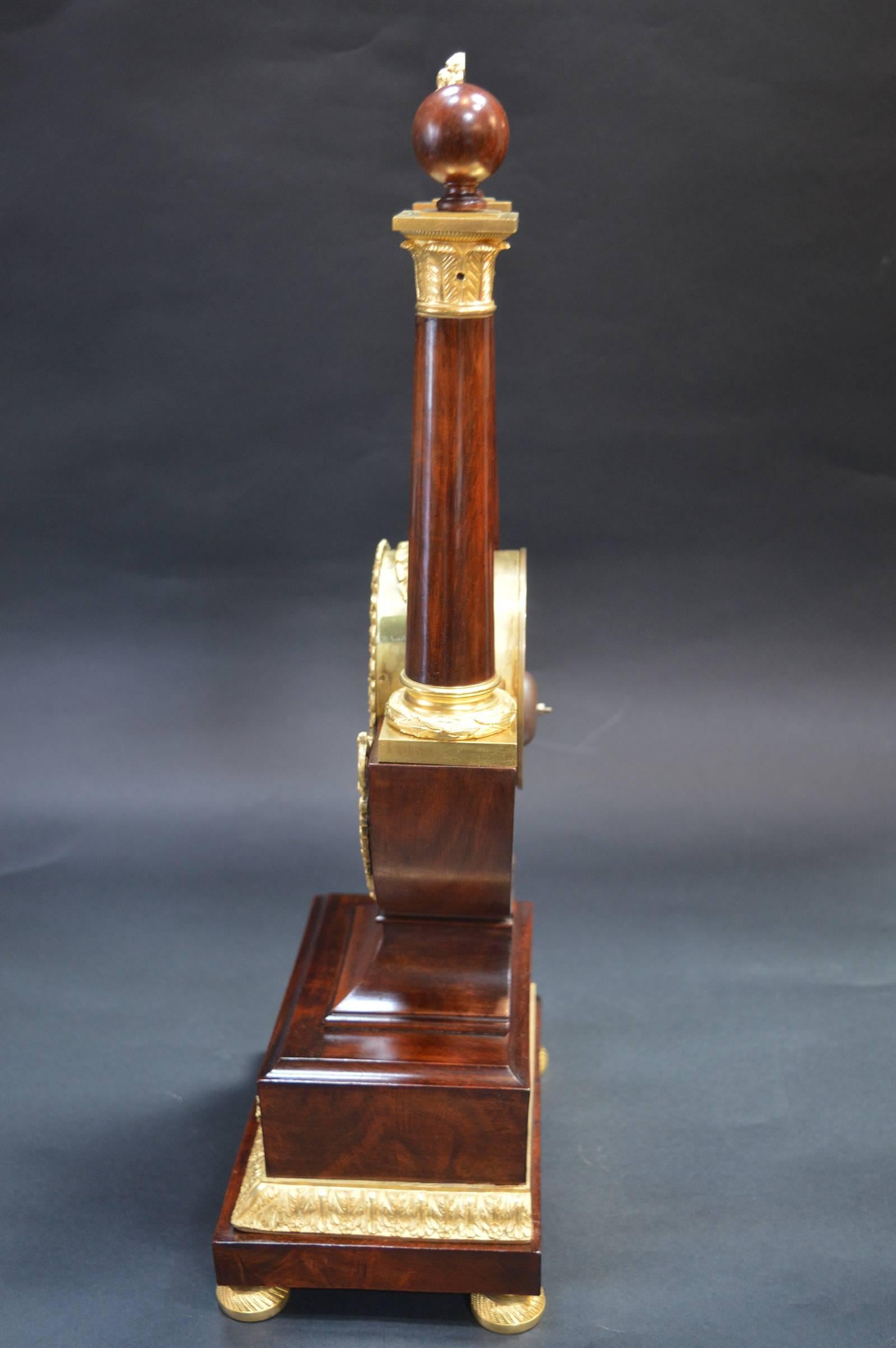 French Empire Mahogany Clock with Gilded Ormolu For Sale