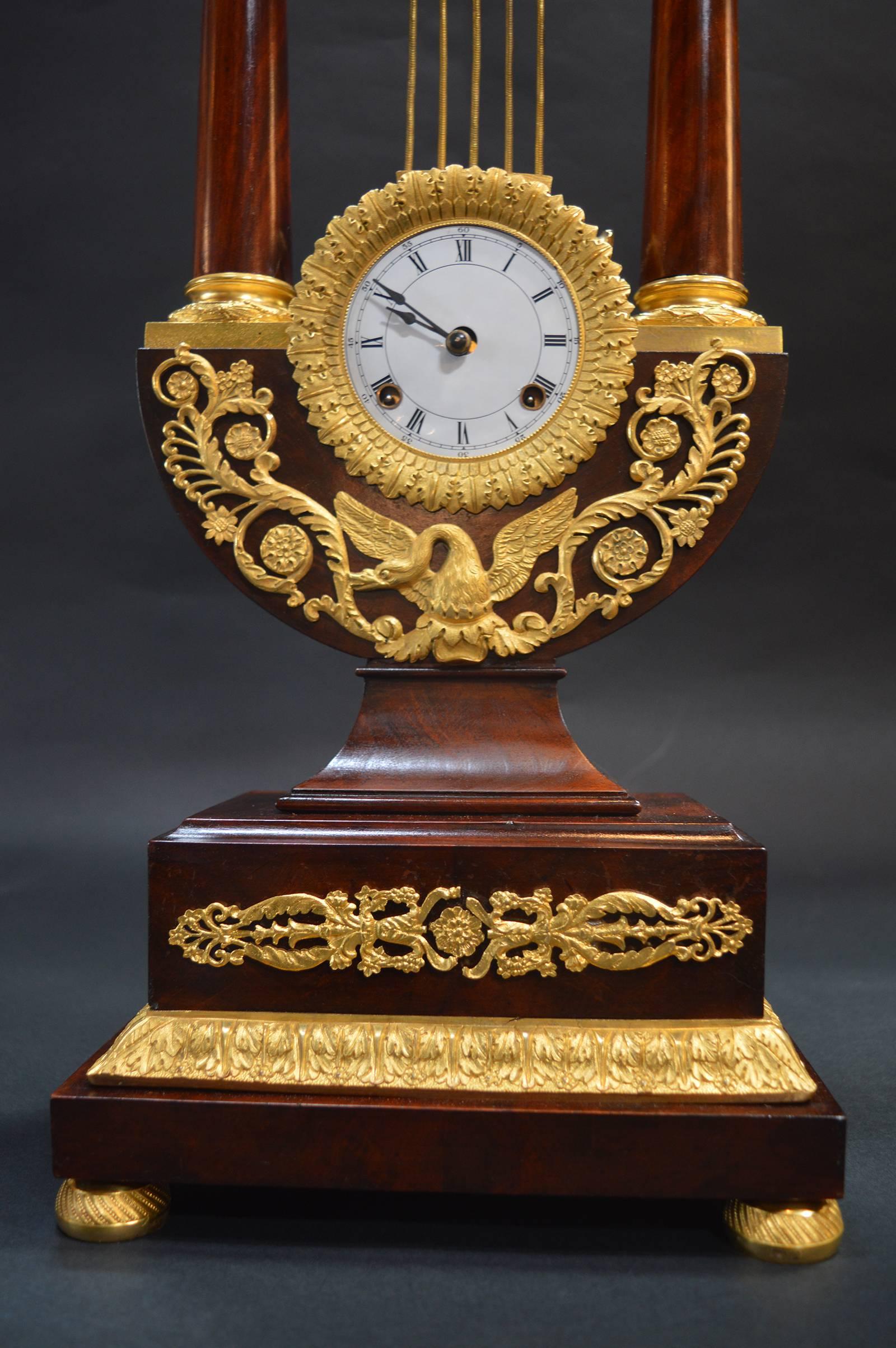 Empire Mahogany Clock with Gilded Ormolu For Sale 1