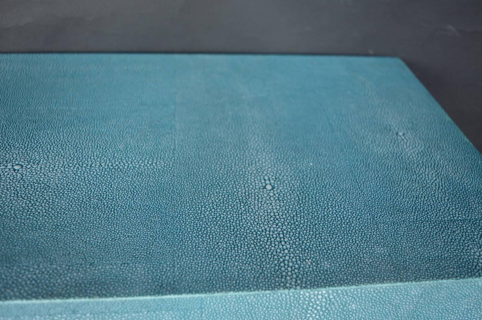 Pair of Turquoise shagreen consoles with Lucite bases. Real shagreen.