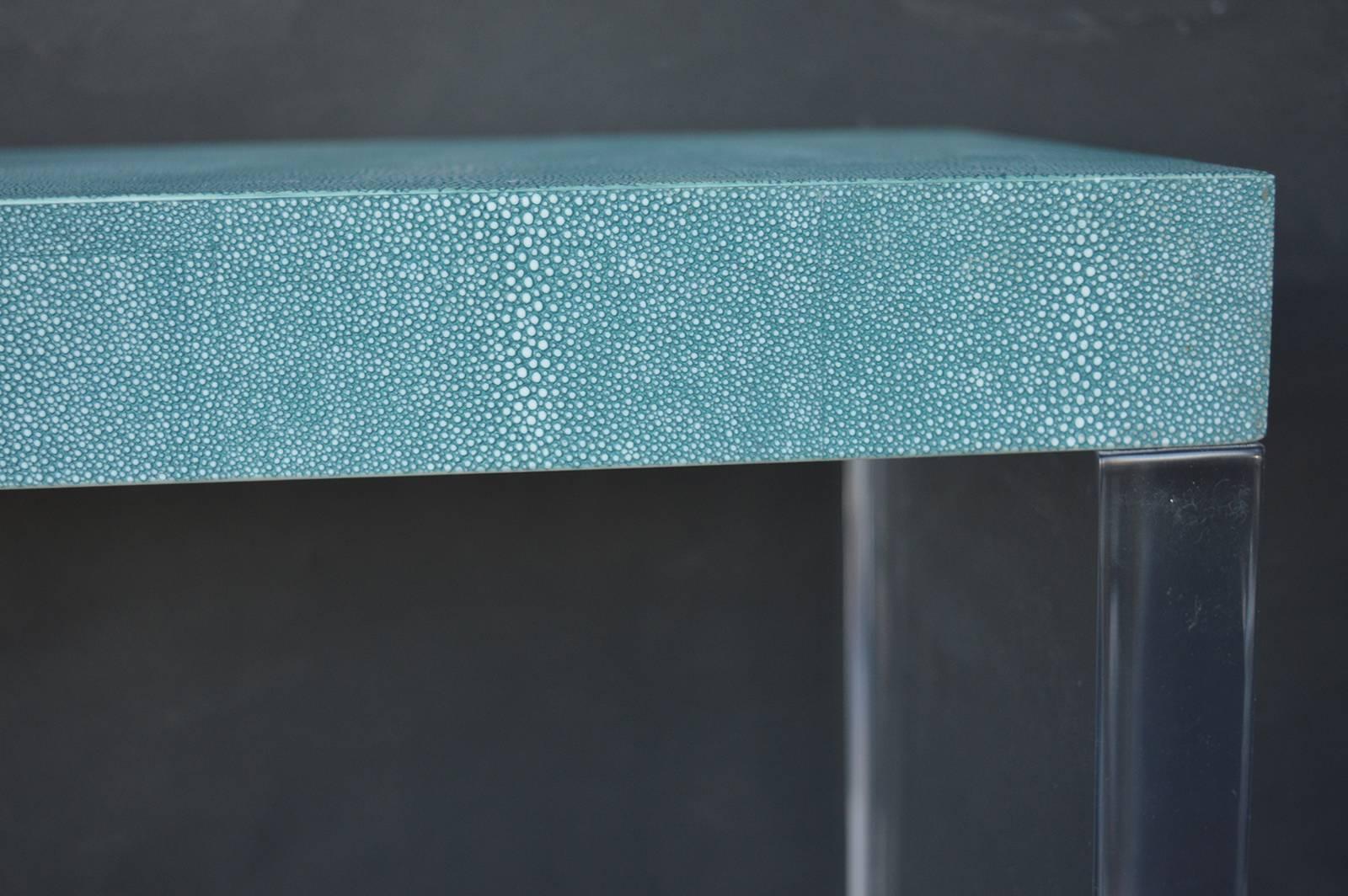 Italian Pair of Turquoise Shagreen Consoles with Lucite Bases