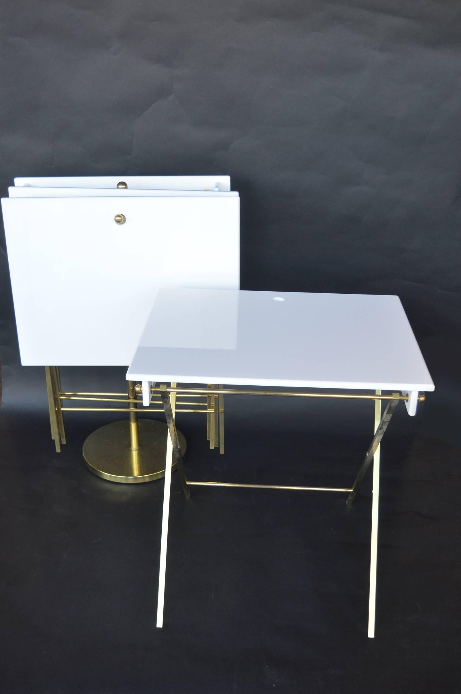 American Set of Four Charles Hollis Jones Lucite and Brass Tray Tables