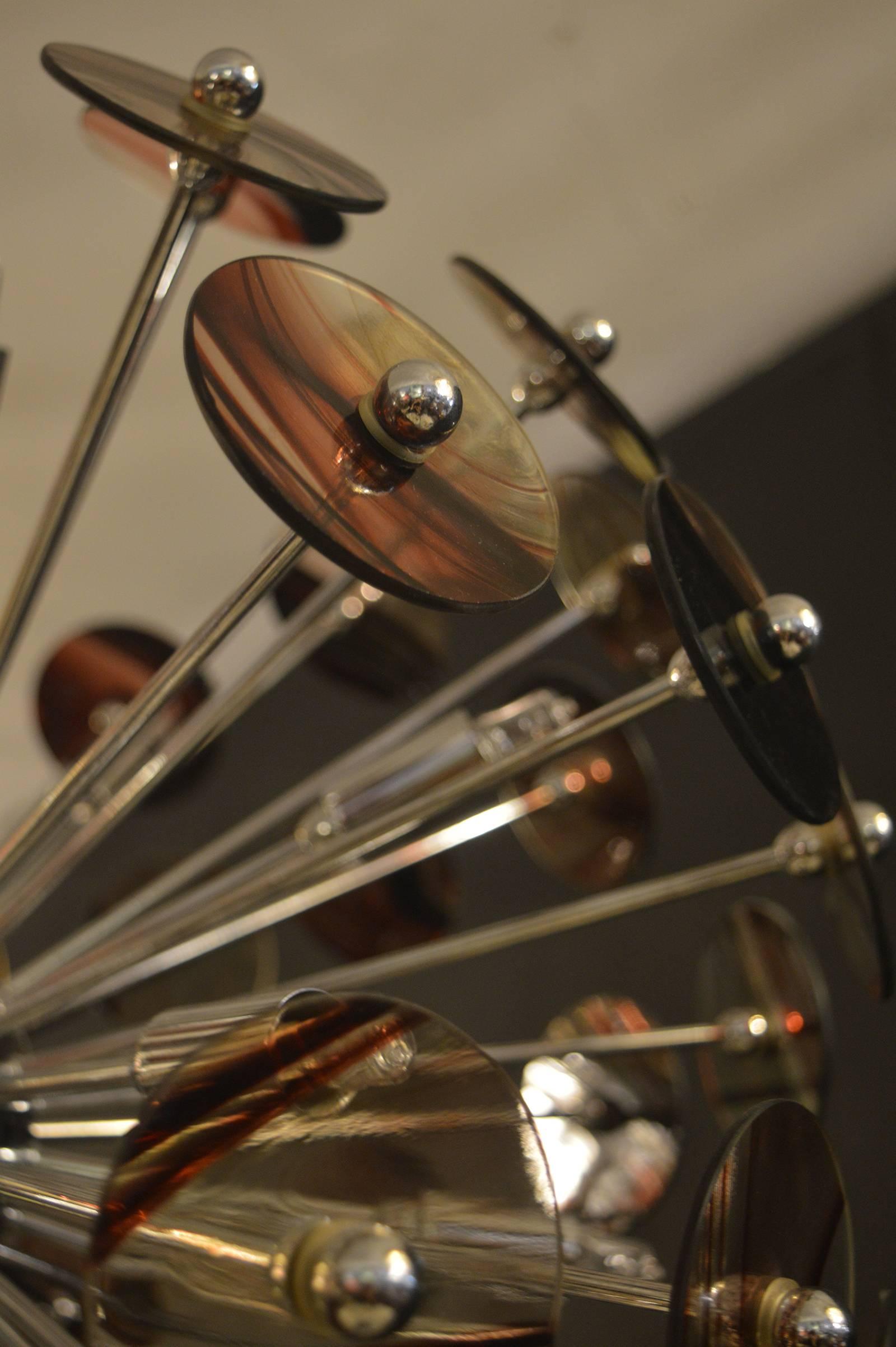 Chrome sputnik chandelier with marbleized glass.