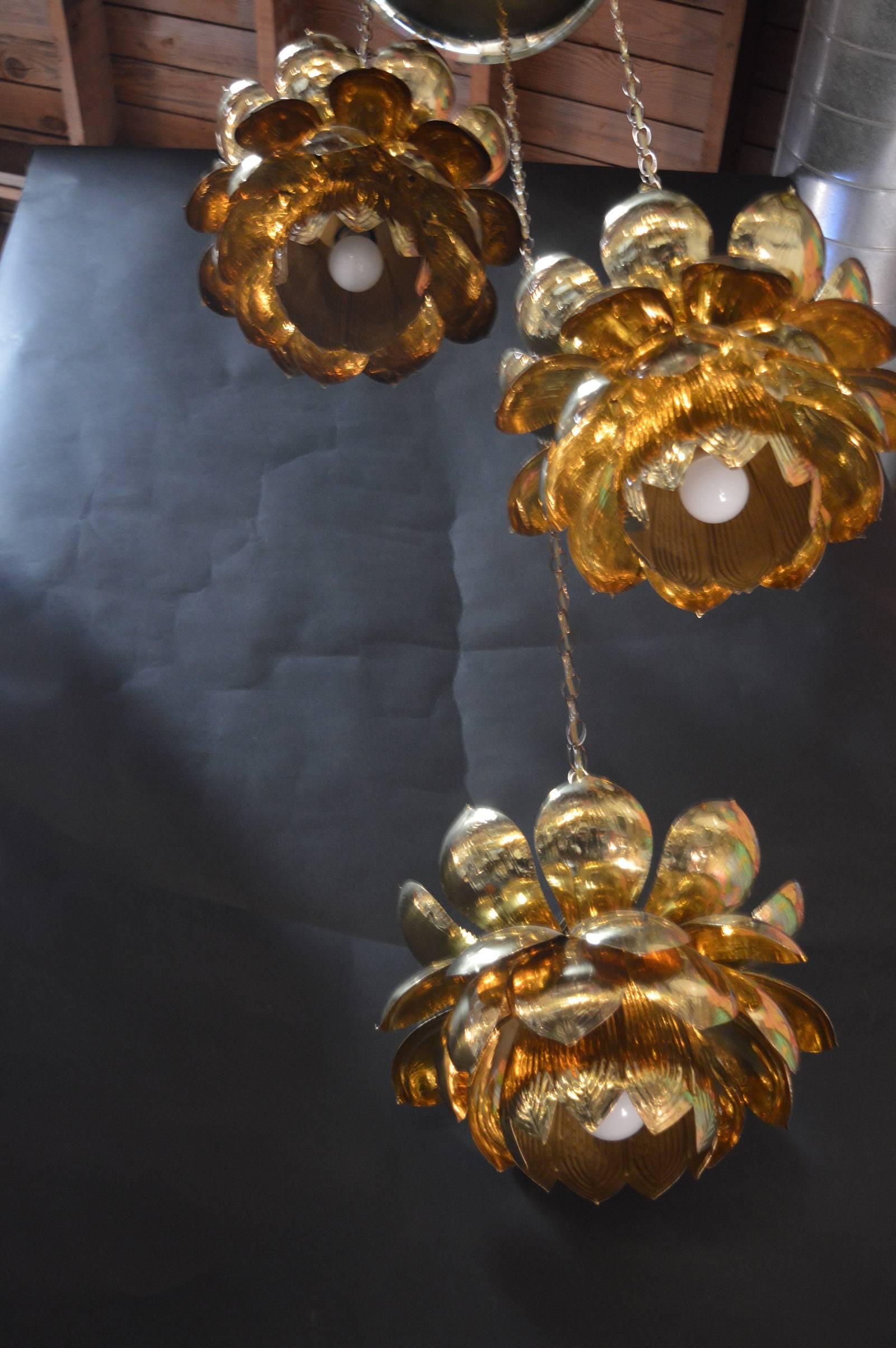 Polished Brass Lotus Blossoms Pendant Chandelier