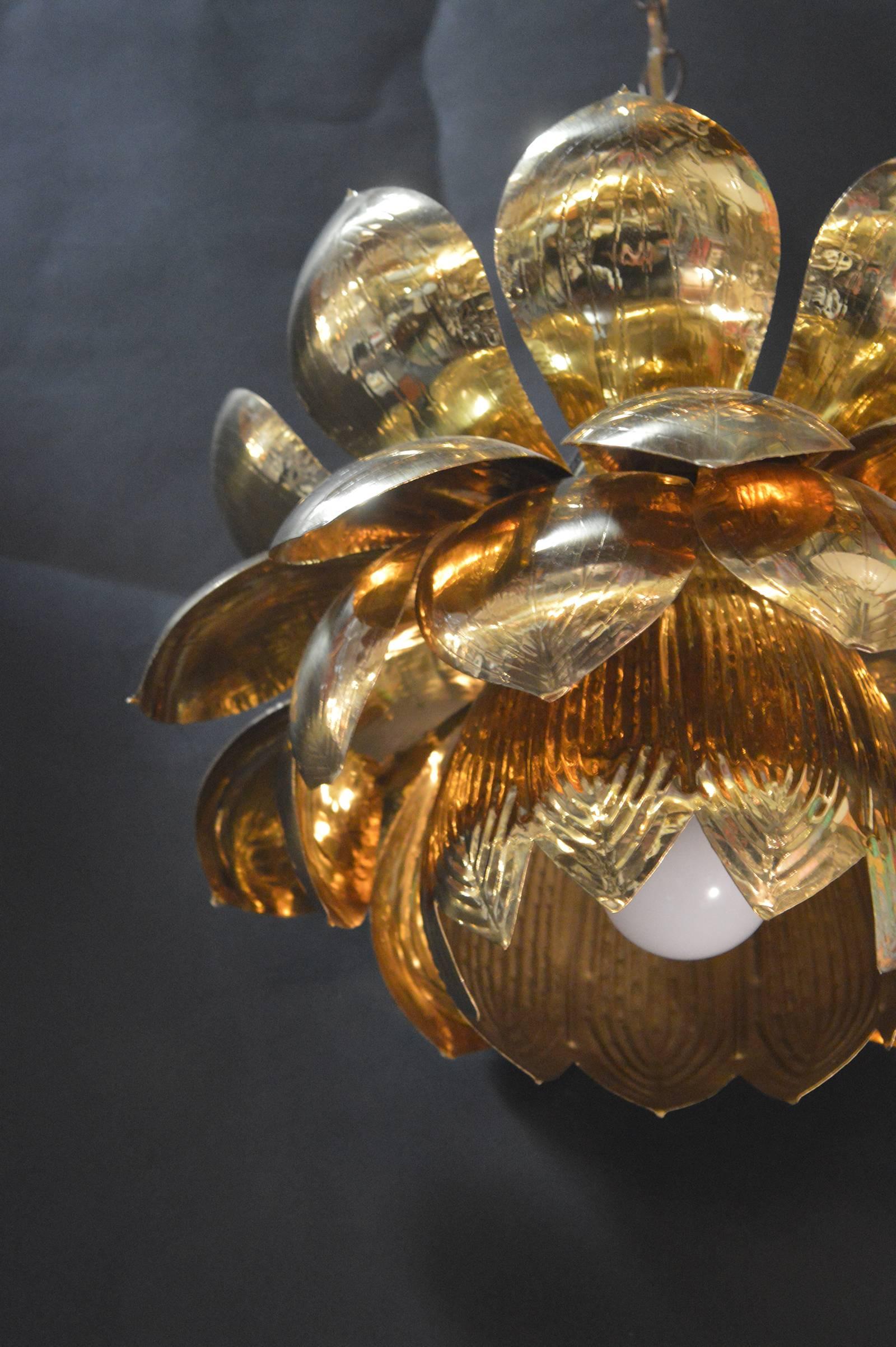 Brass Lotus Blossoms Pendant Chandelier In Excellent Condition In Los Angeles, CA