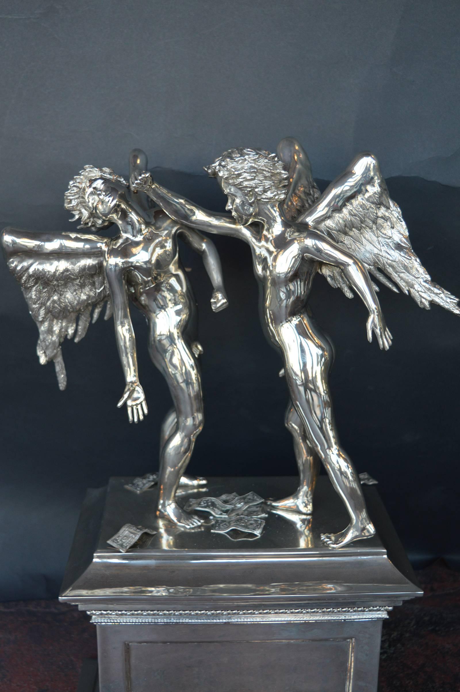The idol kids of today, beginning of the end by Antony Micallef. Signed bottom and stamped edition number and date, inside the sculpture. Bronze nickel-plated.