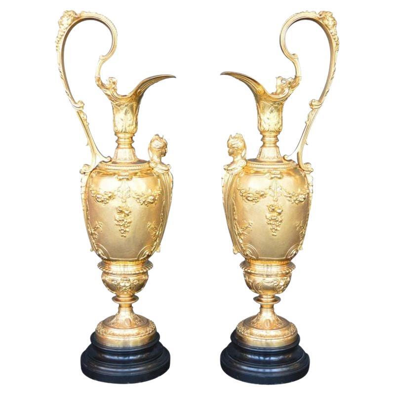 Pair of Bronze Gilt 19 Century French Jars with Marble Vase, 1890s For Sale