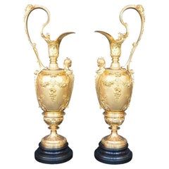 Pair of Bronze Gilt 19 Century French Jars with Marble Vase, 1890s