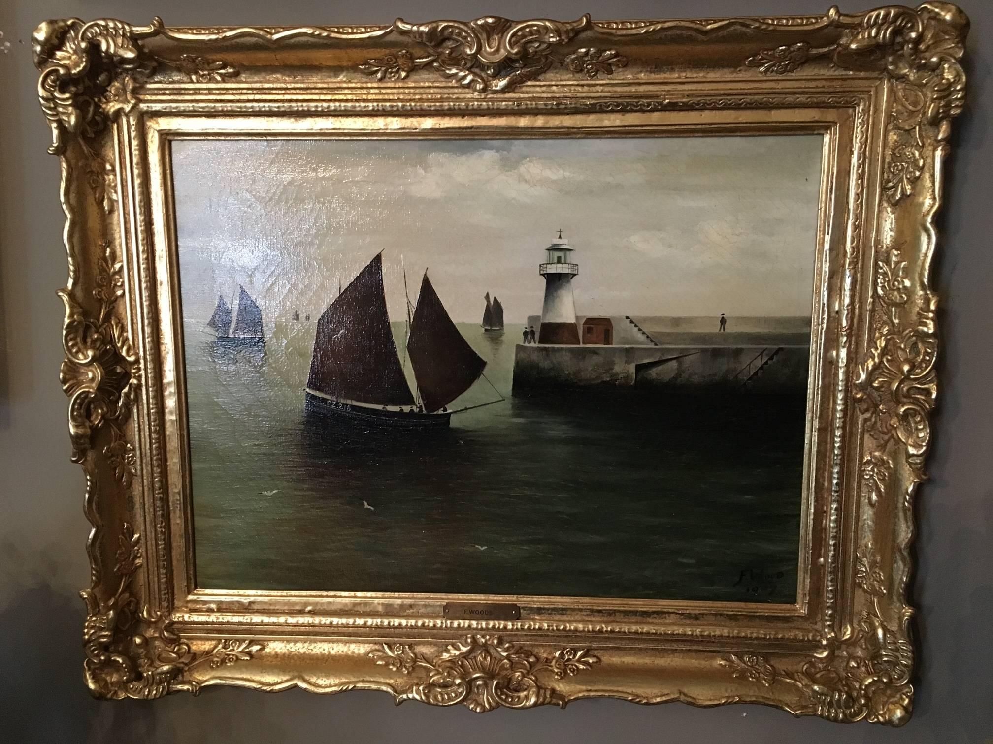 F. wood painting, signed and dated 1907.
The dimensions below are with a frame. 
The dimensions without the frame are: 23.5