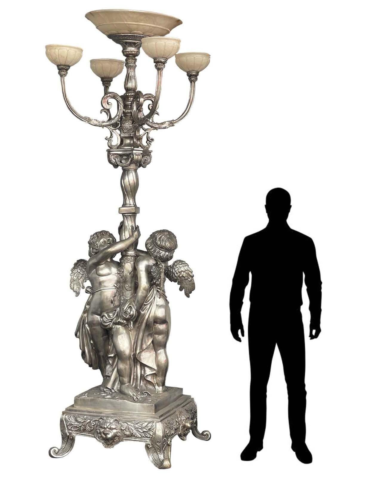 Italian Pair of Oversized Bronze Silver-Plated Palatial Torchères (Italy, c. 1900's) For Sale