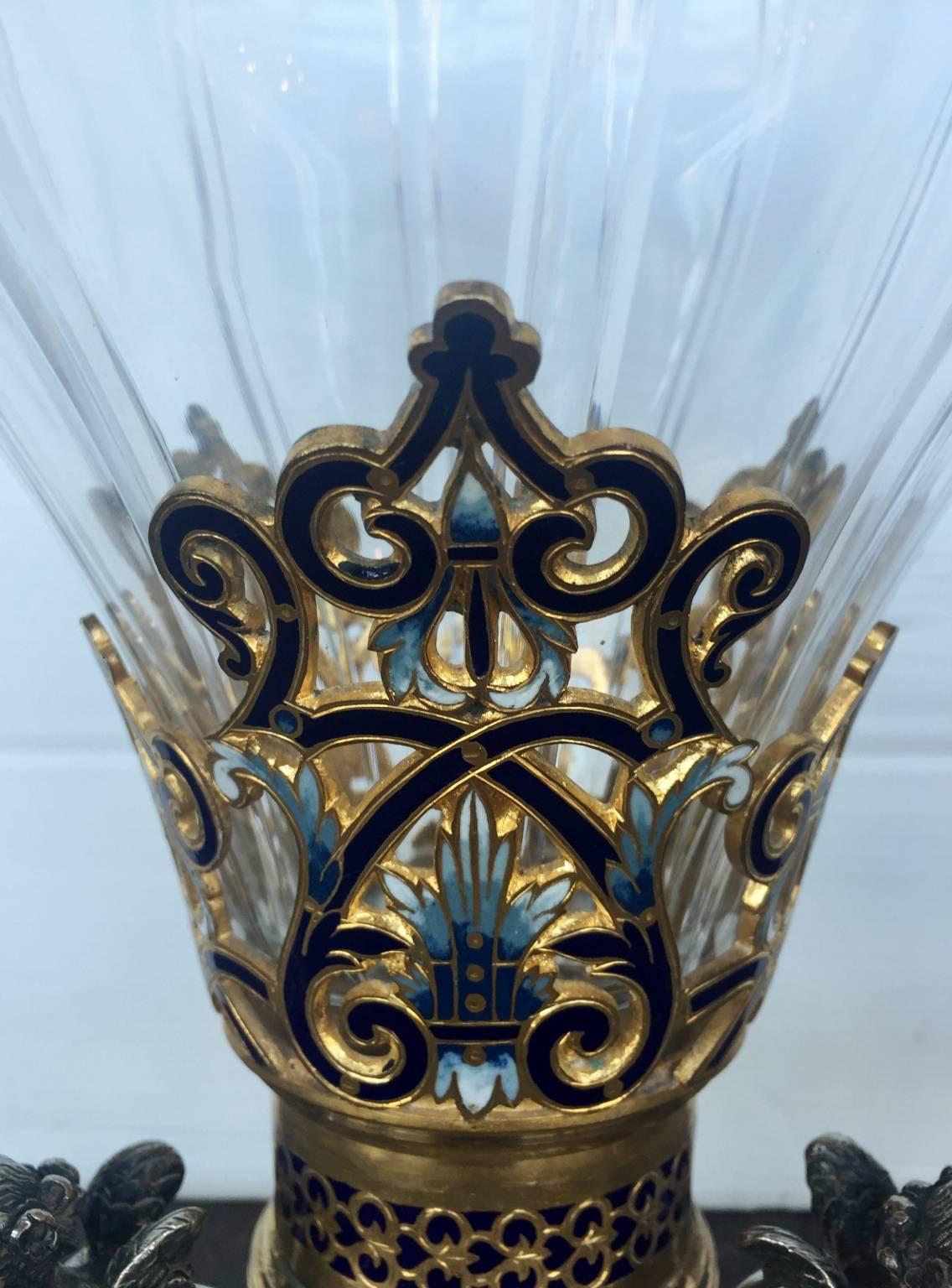 Baroque 19th Century French Champlevé Enamel and Baccarat Glass Vase
