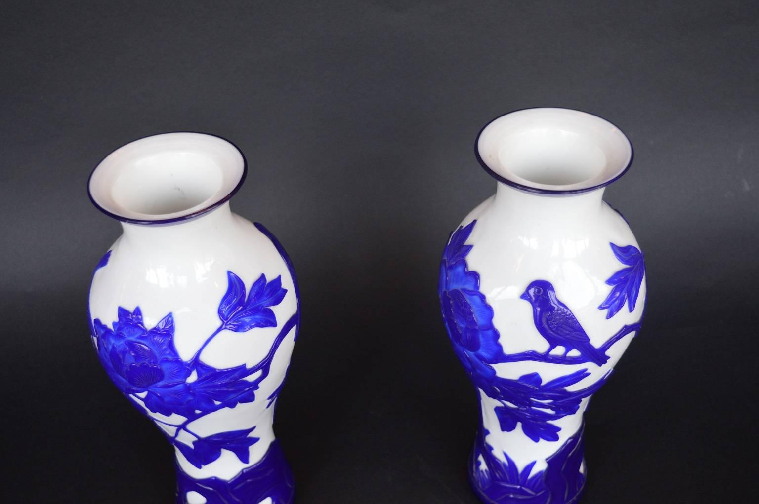 Chinese Pair of Hand-Cut Glass Peking Vases
