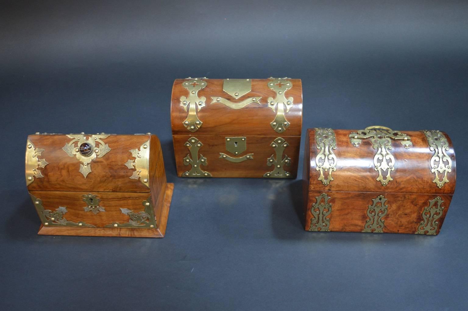 Set of three 19th century letter boxes with brass detailing. Wood is walnut.

Measures: Box 1 (Left) 9