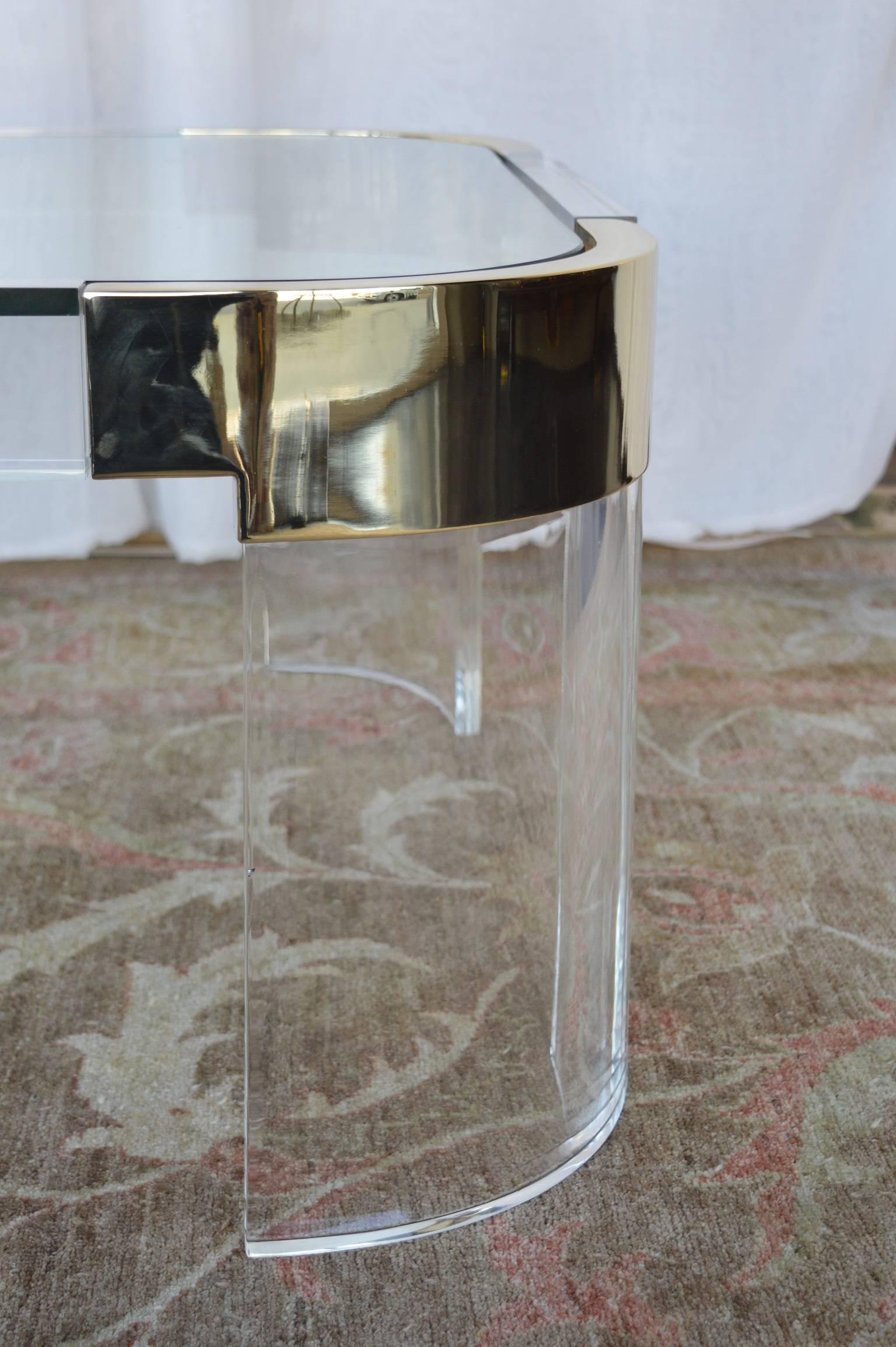 Lucite and brass Charles Hollis Jones large coffee table from the 