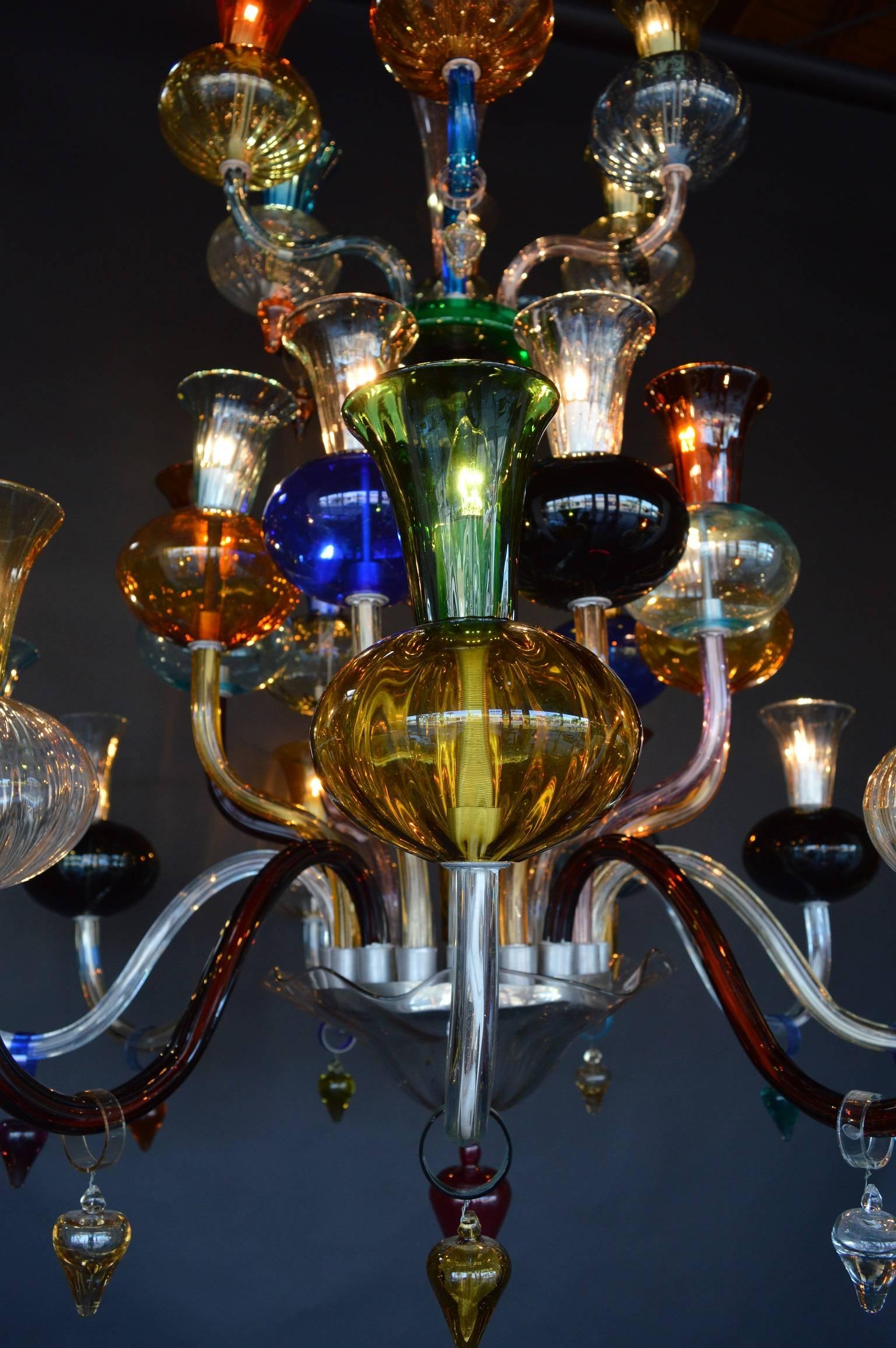 Multicolored Hand Blown Glass Chandelier In Good Condition In Los Angeles, CA