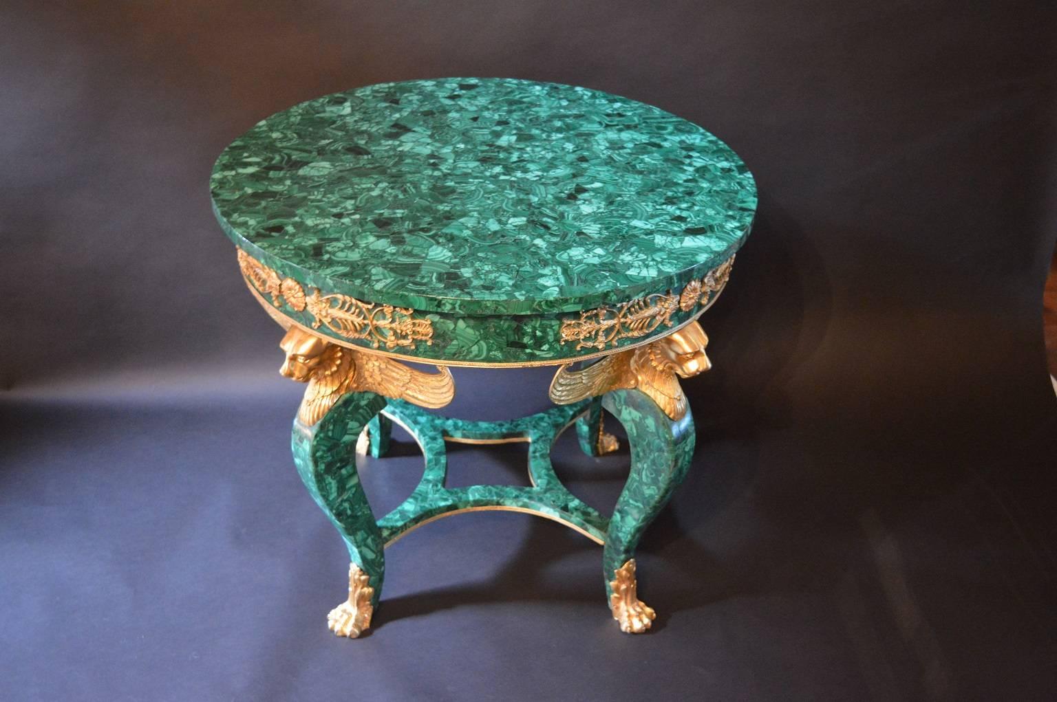 Russian Empire style. Bronze mounted malachite round table.