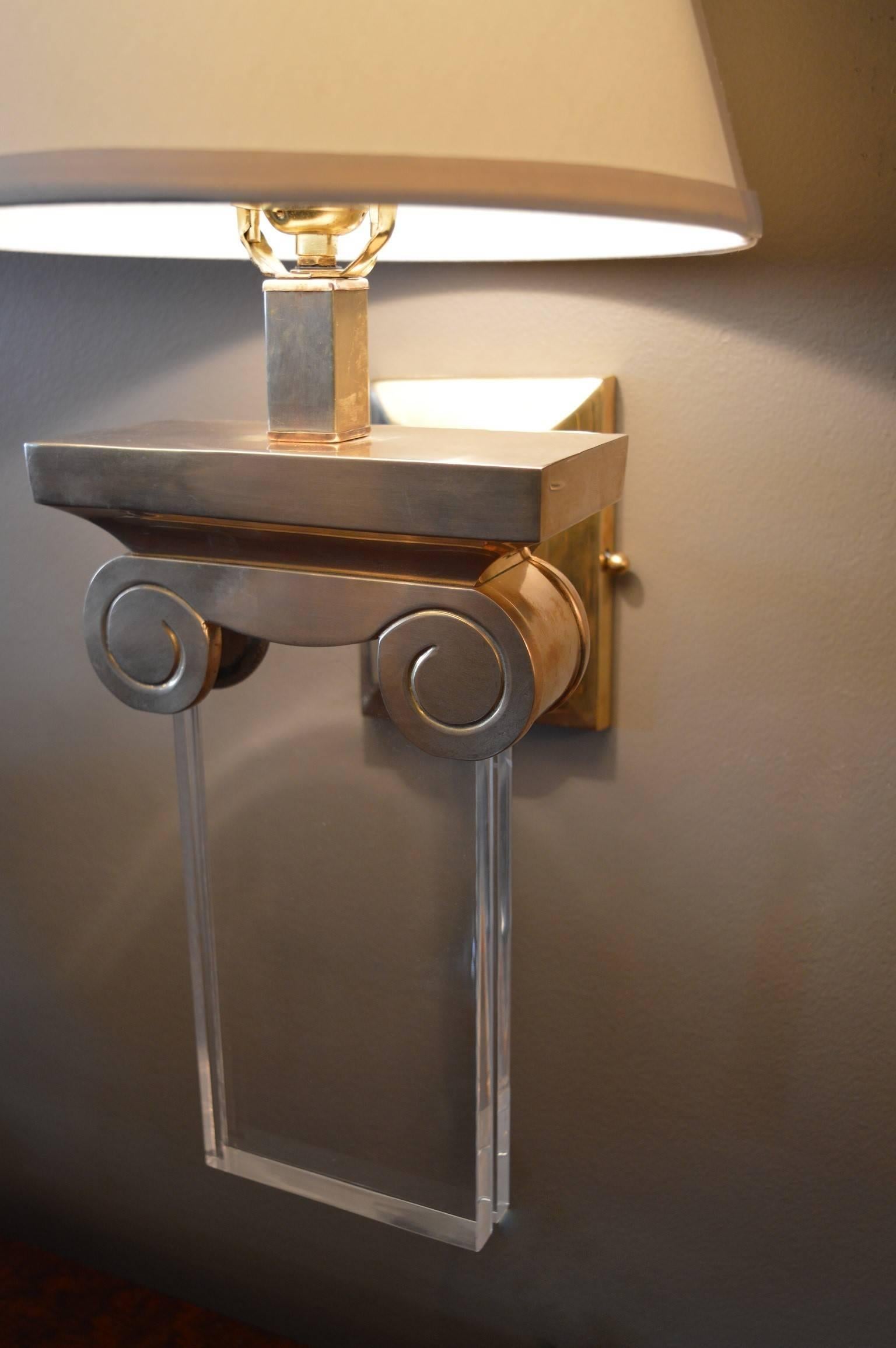 Pair of Italian Capitol Brass and Acrylic Sconces In Good Condition For Sale In Los Angeles, CA