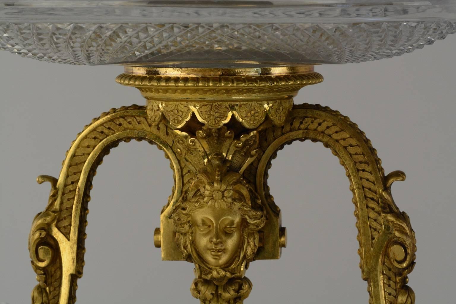 Ornate gilded 19th century Baccarat centerpiece with a pair of coordinating dishes. Centerpiece used for candies and desserts.

Measurements of smaller dishes: 7.75