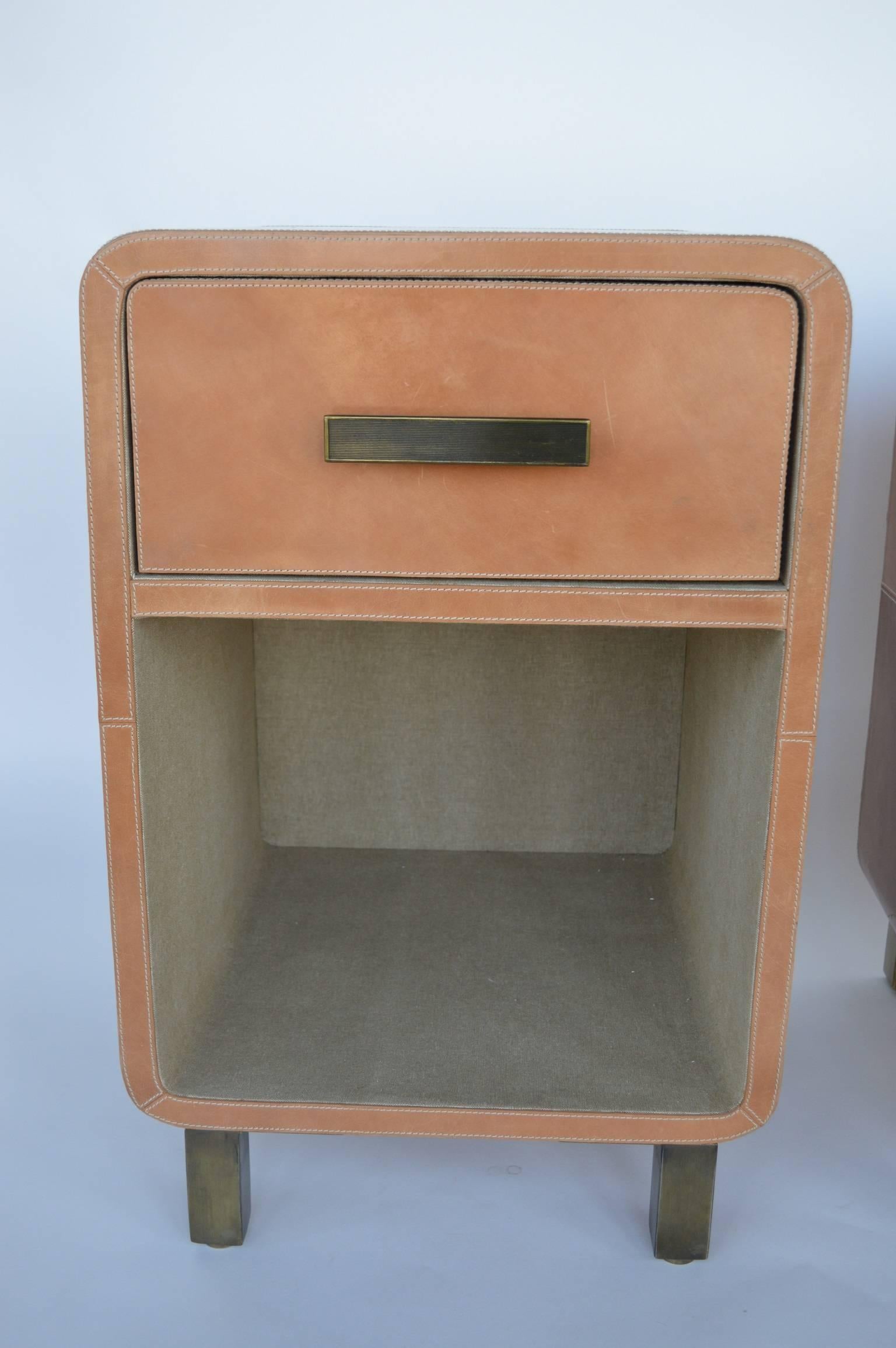 Mid-Century Modern Pair of Leather Upholstered Nightstands
