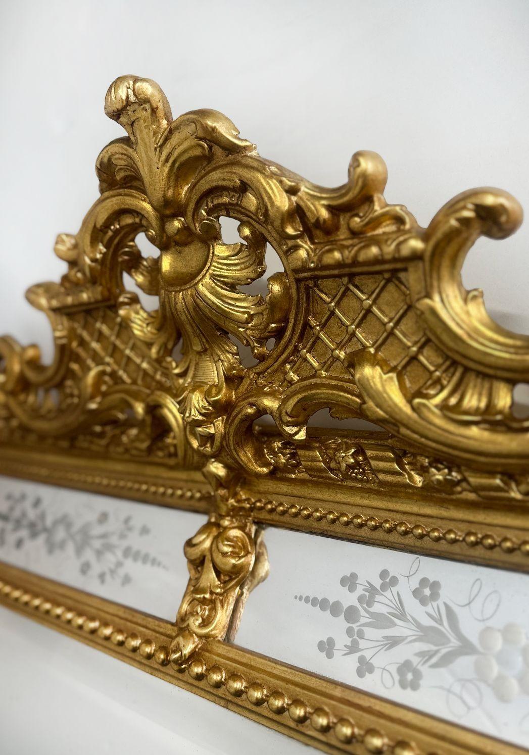 Un charmant miroir de style Louis XV richement détaillé, sculpté à la main en France à la fin du XIXe siècle. Cette pièce élégante présente des panneaux en verre gravé avec de délicats motifs floraux et des bordures en miroir ornées de motifs