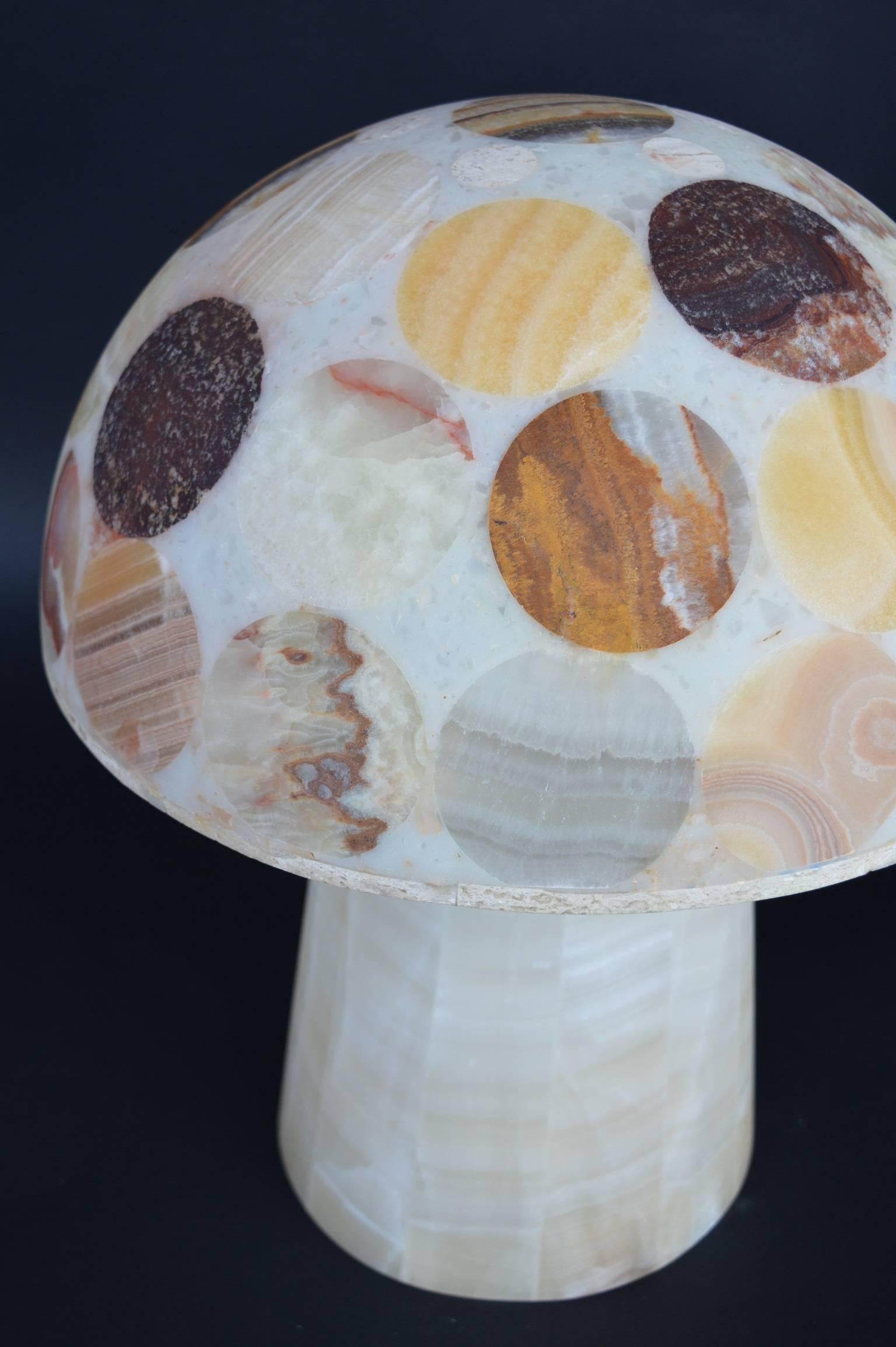 Pair of multi-coloured onyx mushroom lamps. Each mushroom is a solid piece of onyx, with multicolored pieces for the mushroom cap. 
Each mushroom dimly illuminates.