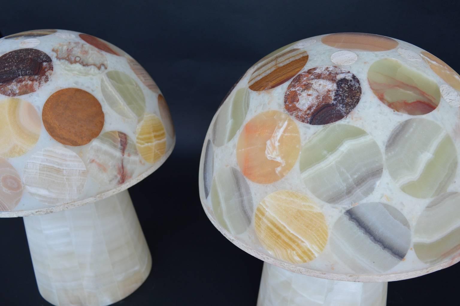 Pair of Multi-coloured Onyx Mushroom Lamps In Excellent Condition In Los Angeles, CA