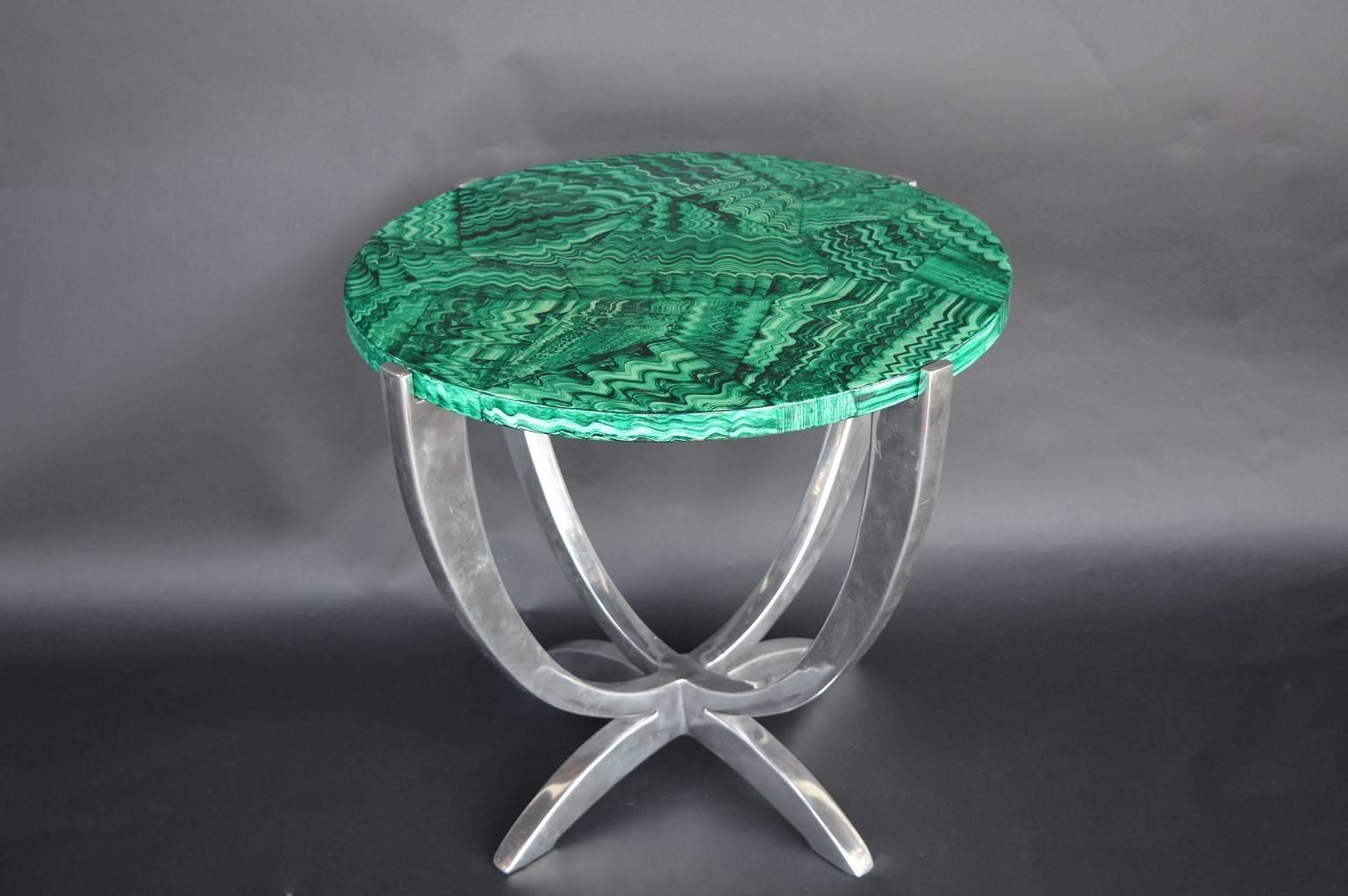 Faux malachite and aluminum entry table.