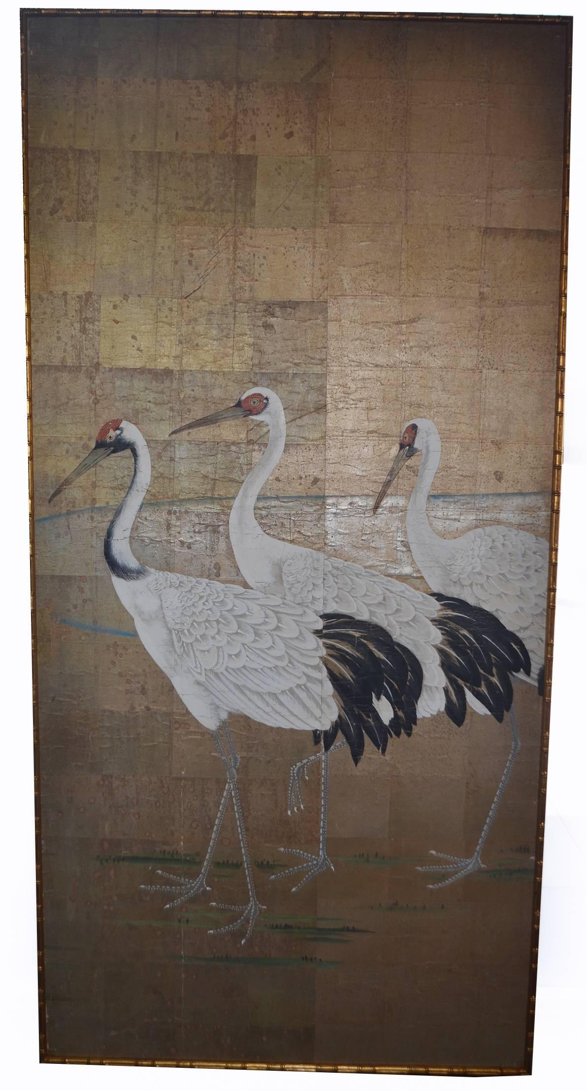 19th Century Japanese five-panel crane screen . The screens were originally in a hotel lobby in Singapore. Everything is handmade and hand-painted.
Each panel is 42.5 inches wide.