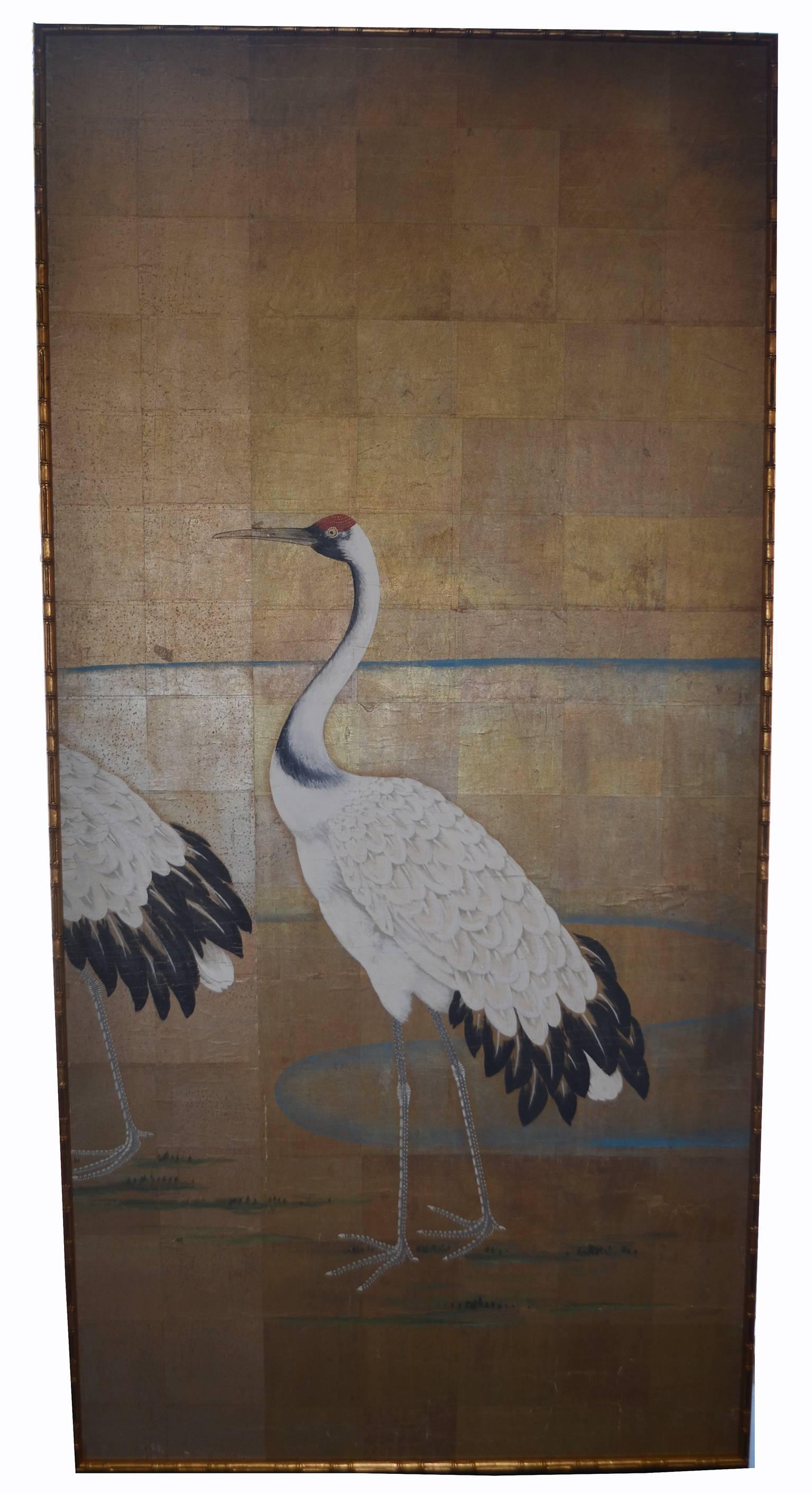 American 19th Century Japanese Five-Panel Crane Screen