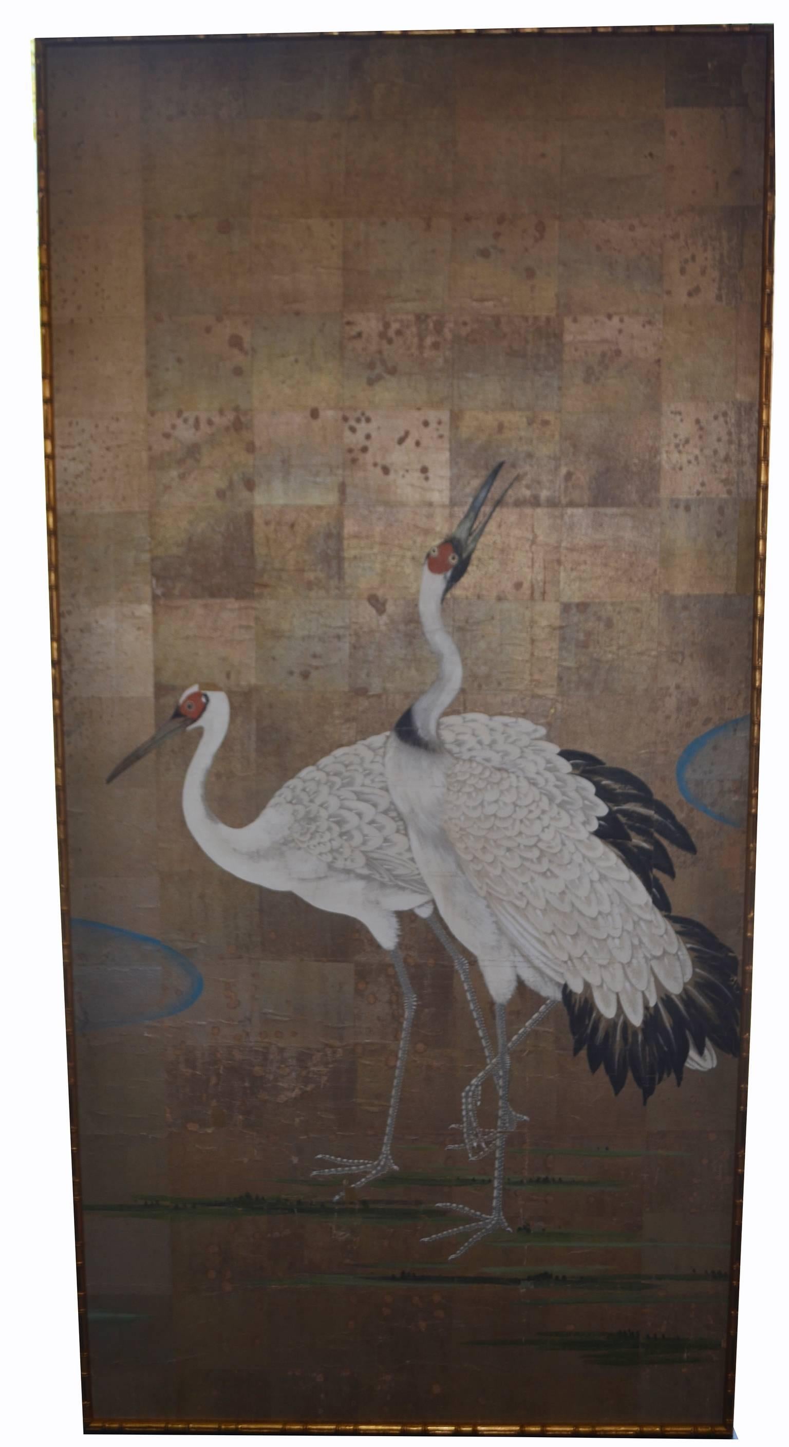 19th Century Japanese Five-Panel Crane Screen 1