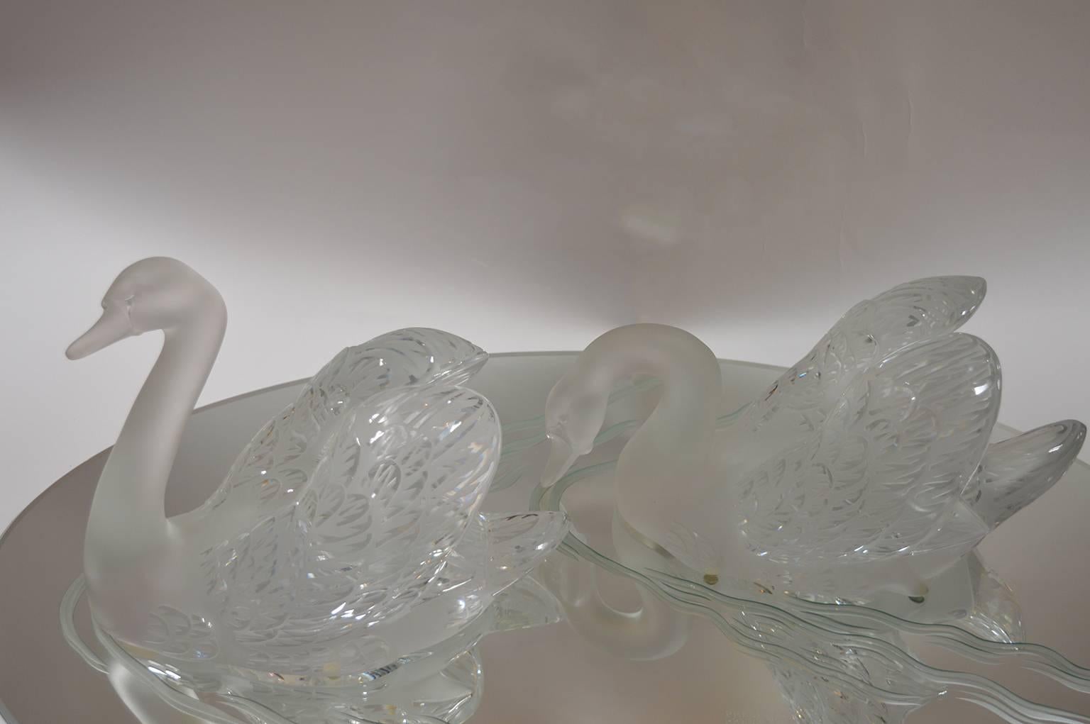 French Pair of Lalique Swans on a Mirrored Plateau