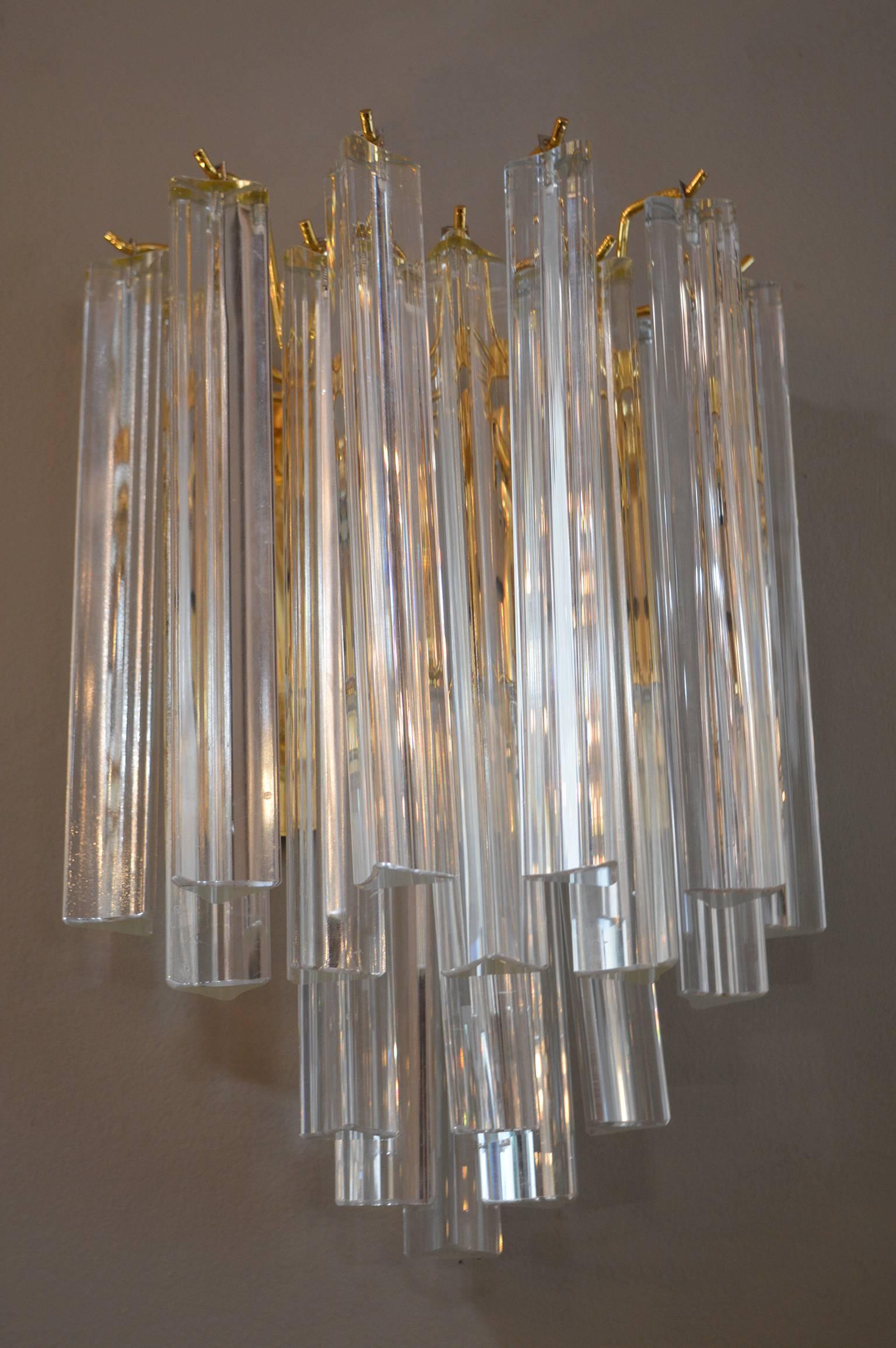 Luxe pair of Venini sconces.
Two candelabra type bulbs per each sconce.
Purchased North of Milano, Italy from President's Hotel in the Brescia area. The hotel originally opened in 1960 and closed fall of 2013.