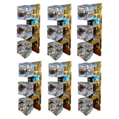 Set of Six Italian Sciolari Murano Glass Cubes & Brass Sconces, 1960's.