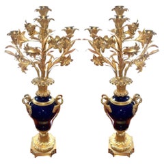 Pair of French Bronze & Deep Cobalt Porcelain Candelabras. 19th Century.
