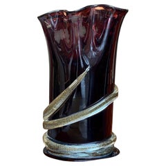 Signed Camozzo Murano Dark Amethyst Art Glass Vase with Gold Flecks.