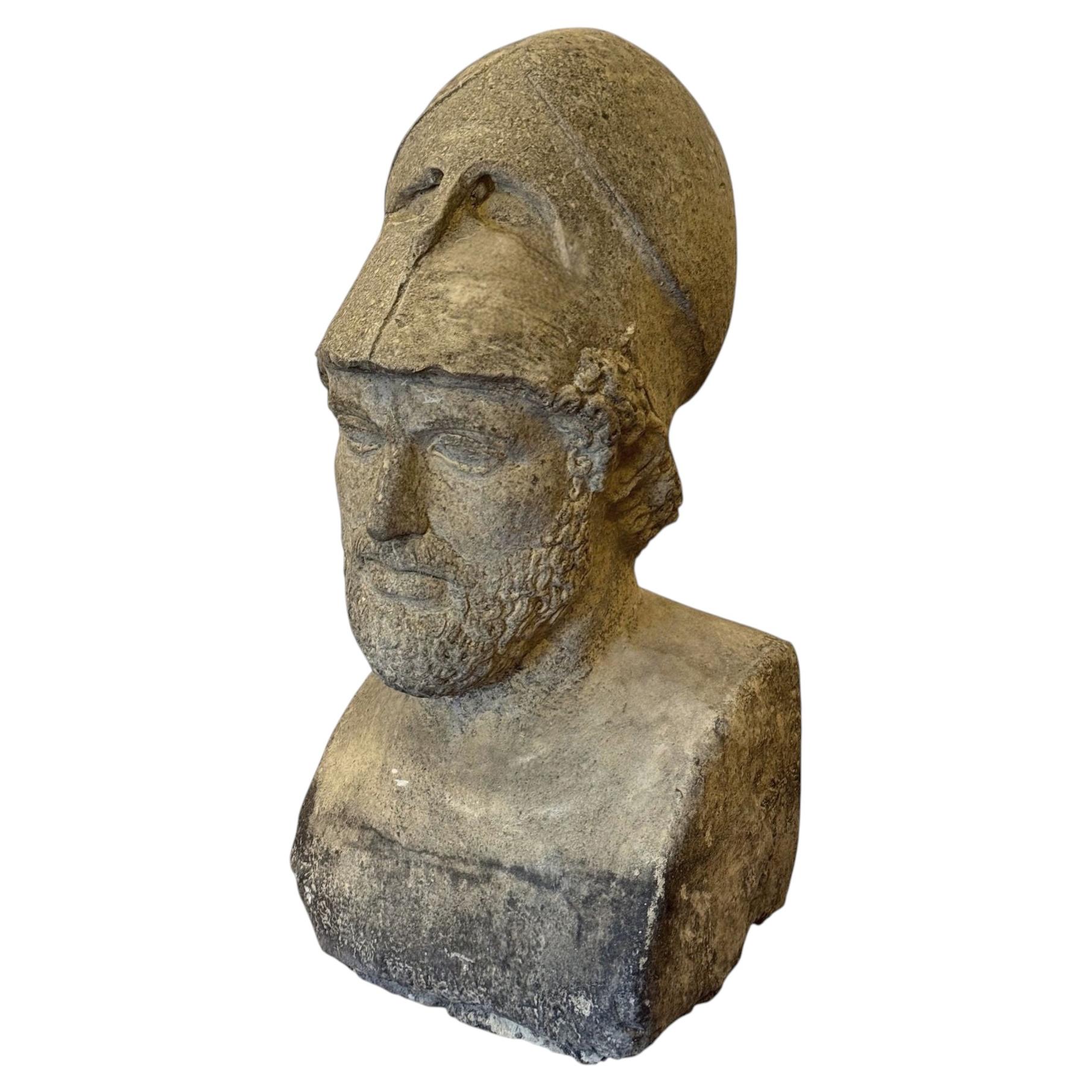 Carved Stone Bust of Pericles with Corinthian Helmet. Italy, 20th Century. For Sale