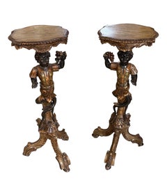Pair of Mid-19th Century Italian Polychrome & Gilt Figural Pedestal Tables