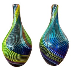 Pair of Fratelli Toso Murano Swirl Glass Long-Neck Vases, Mid-20th Century.