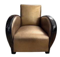 Pair of French Art Deco Gold and Black Leather Club Chairs