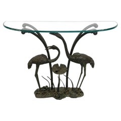LaBarge Bronze Crane & Lily Pad Glass Top Console Table. U.S.A Late 20th Century