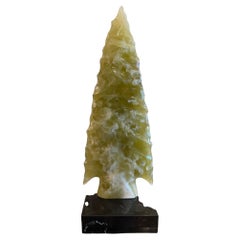Large Carved Green Onyx Arrowhead Sculpture on Marble Base. Mexico, Late 20th C.