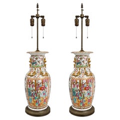 Pair of Late 19th Century Chinese Canton Rose Medallion Lamps
